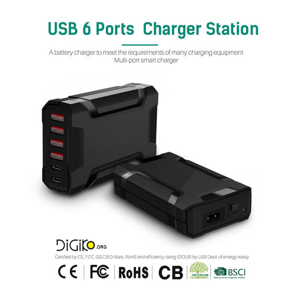 هاب شارژر 6 کانال USB2.0+TYPE-C هوشمند 48 وات (مارک فرانت)