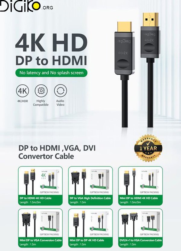 کابل DP به HDMI 4K وگیگ 1.5 متری مدل V-Z604